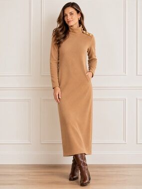 Dudley Stephens Meadows Vello Fleece Maxi Dress Camel Button Neck XS